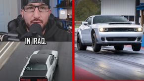 Left: Brian Mello explains how a dealership sold a Challenger Demon 170 out from under an active duty soldier, Right: A silver Dodge Challenger Demon 170