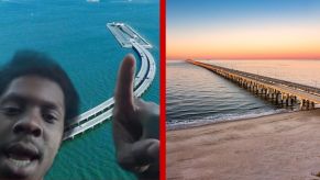 Left: TikToker shares his conspiracy theory about the Chesapeake Bay Bridge Tunnel, Right: The Chesapeake Bay Bridge