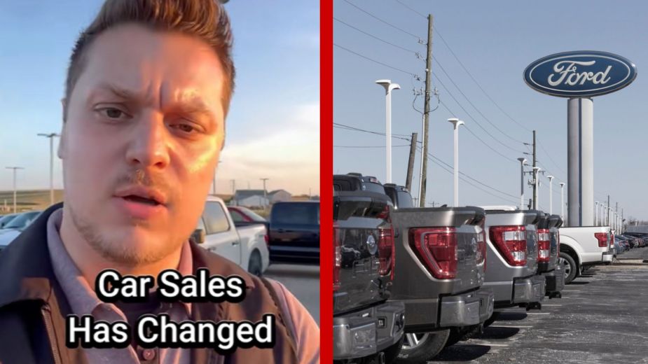 Left: TikToker explains how he makes top Ford dealership sales every month, Right: Ford dealership exterior sign and trucks parked
