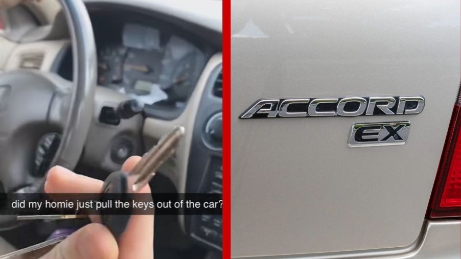 Left: A TikToker removes his car key from the ignition while driving, Right: A 1995 Honda Accord rear emblem in very close view