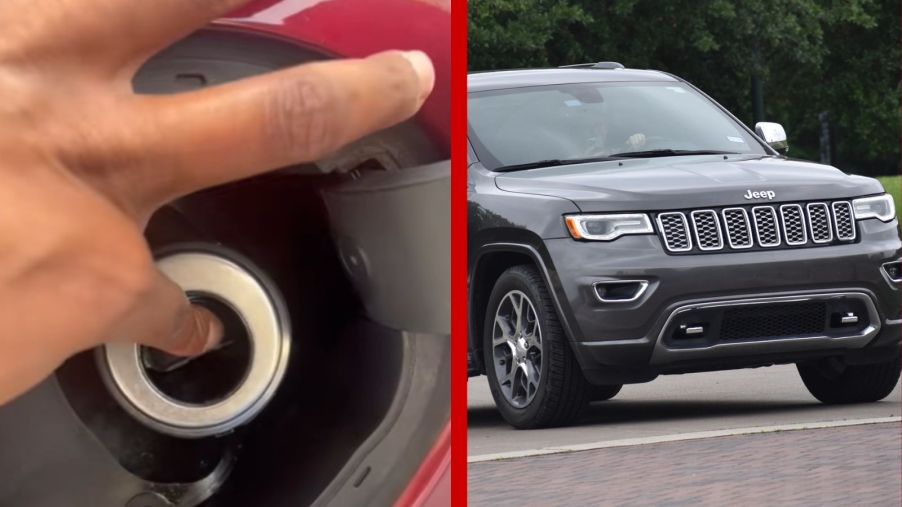 Left: A TikToker shows how their Jeep is full on gas, Left: The front end of a Jeep Cherokee SUV