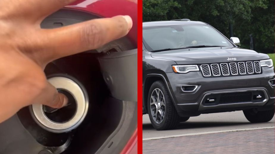 Left: A TikToker shows how their Jeep is full on gas, Left: The front end of a Jeep Cherokee SUV