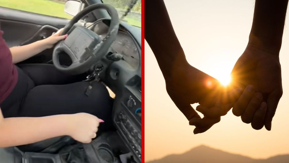 Left: A TikToker films teaching his date how to drive a stick shift car, Right: Two peoples' hands holding each other in very close view