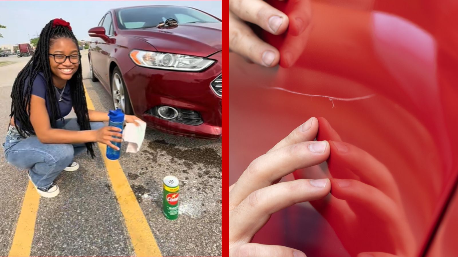 Left: A TikToker uses Comet cleaner to try to remove a paint scratch off her car, Right: A paint scratch on a red car