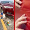 Left: A TikToker uses Comet cleaner to try to remove a paint scratch off her car, Right: A paint scratch on a red car