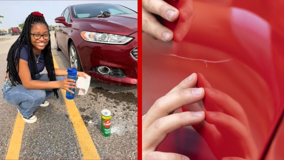 Left: A TikToker uses Comet cleaner to try to remove a paint scratch off her car, Right: A paint scratch on a red car