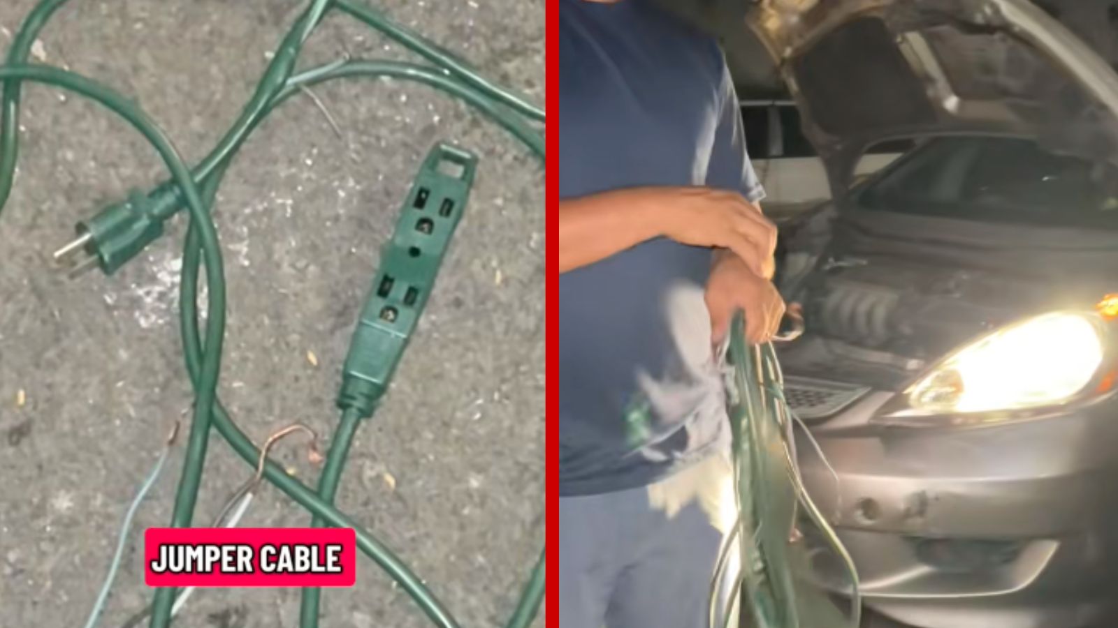 A TikToker films using an old power strip to jump a car