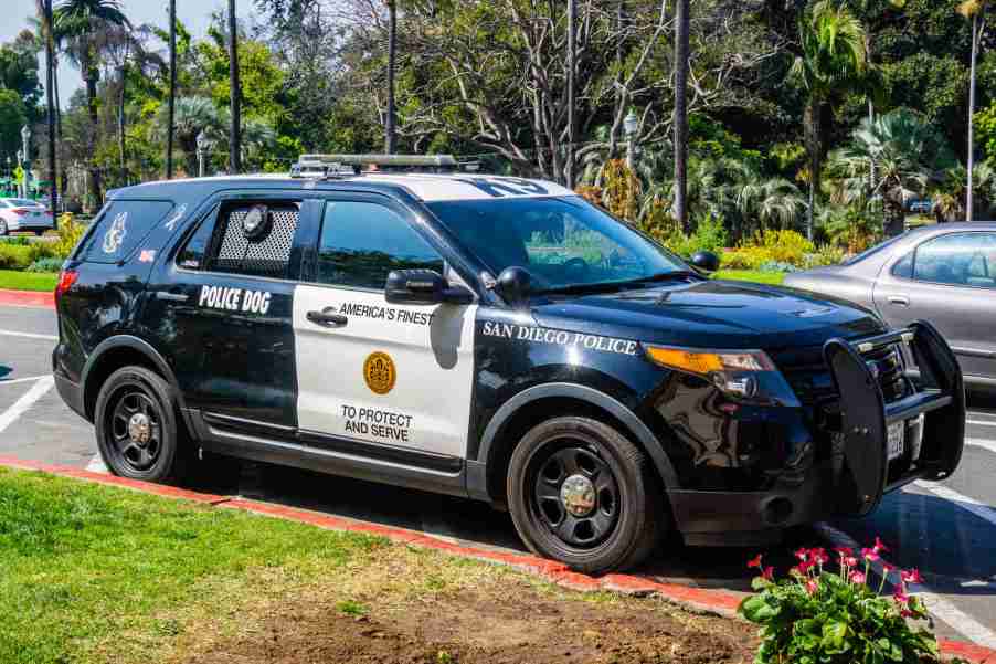 A San Diego police SUV parked in right angle view