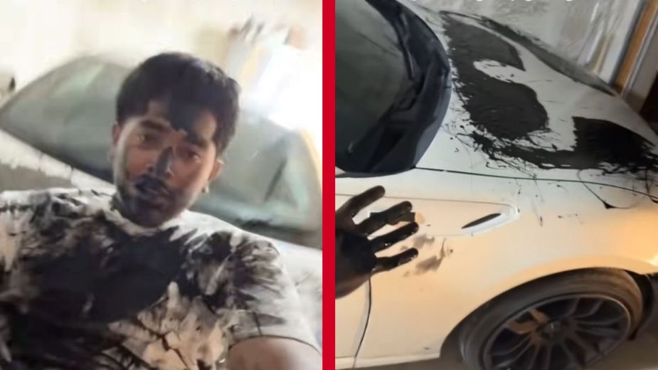 A split image shows black paint spilled all over a white car on TikTok.