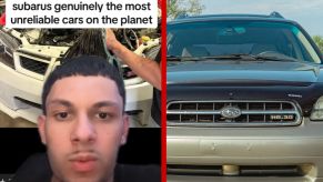 Left: TikToker explains why Subaru engines are not always reliable, Right: 2002 Subaru Outback in close front view