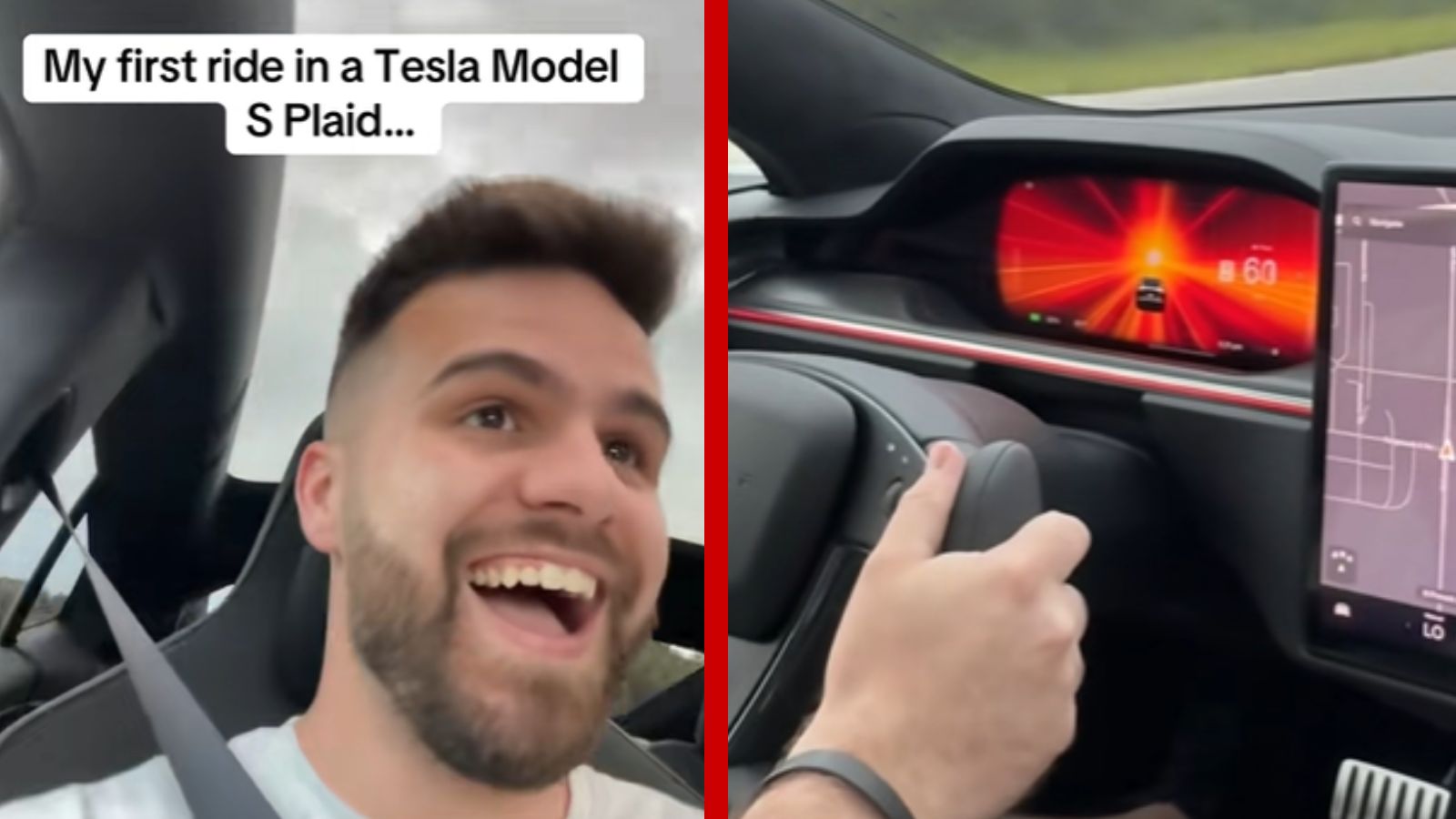 A TikToker films his first ride in a Tesla Model S Plaid