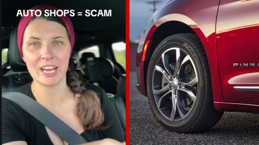 Left: A TikToker explains how a tire shop couldn't install her new tires, Right: The left front wheel of a 2023 Chrysler Pacifica