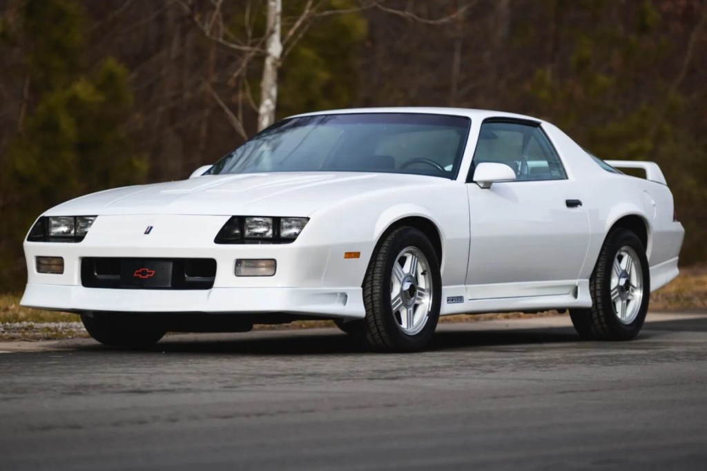 A white 1991 Chevrolet Camaro Z28 1LE parked in left front angle view