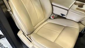 The tan leather right front seat in a 2017 Ford F-150 SuperCrew XLT