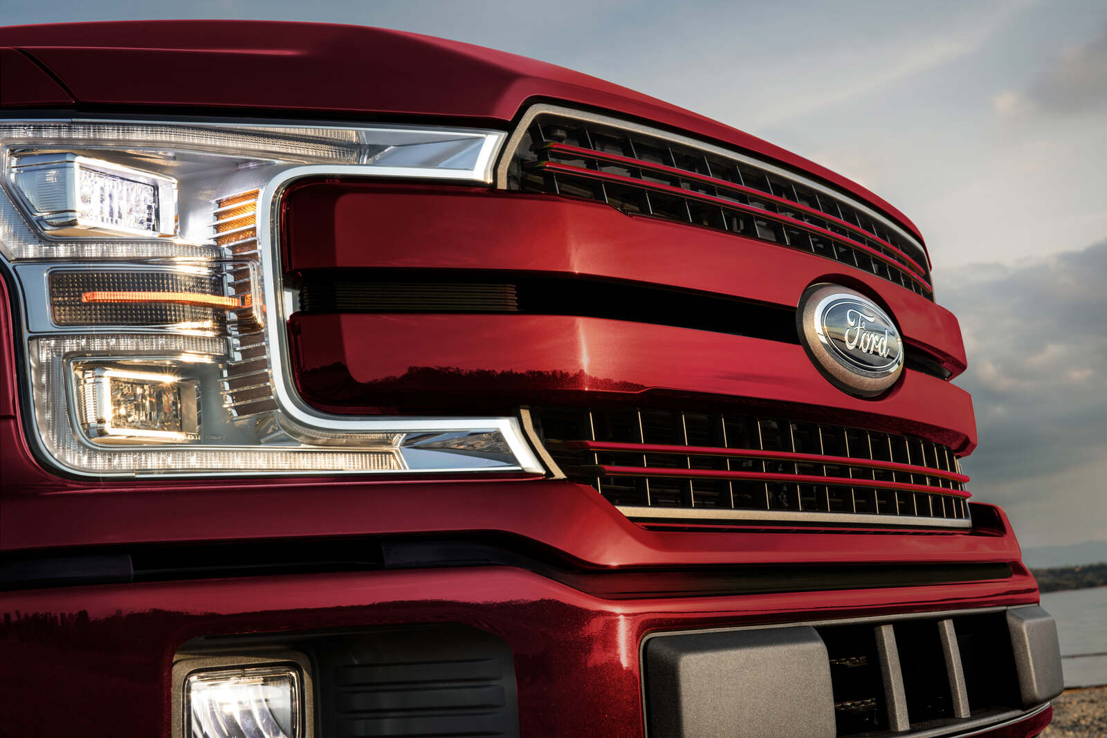 A red 2020 Ford F-150 front end in close right front view