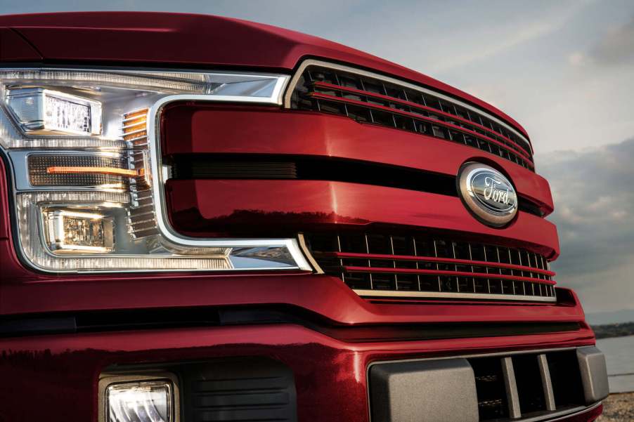 A red 2020 Ford F-150 front end in close right front view