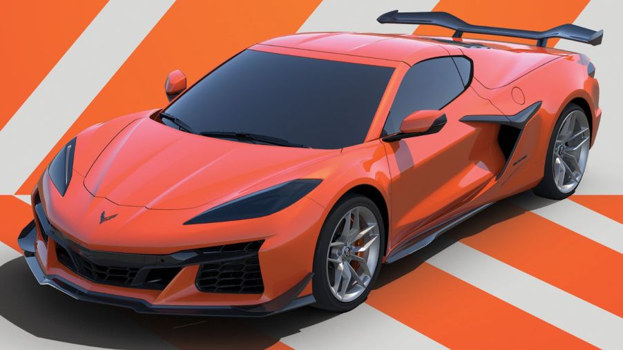 A red 2025 Chevrolet Corvette Z06 parked in high left front angle view