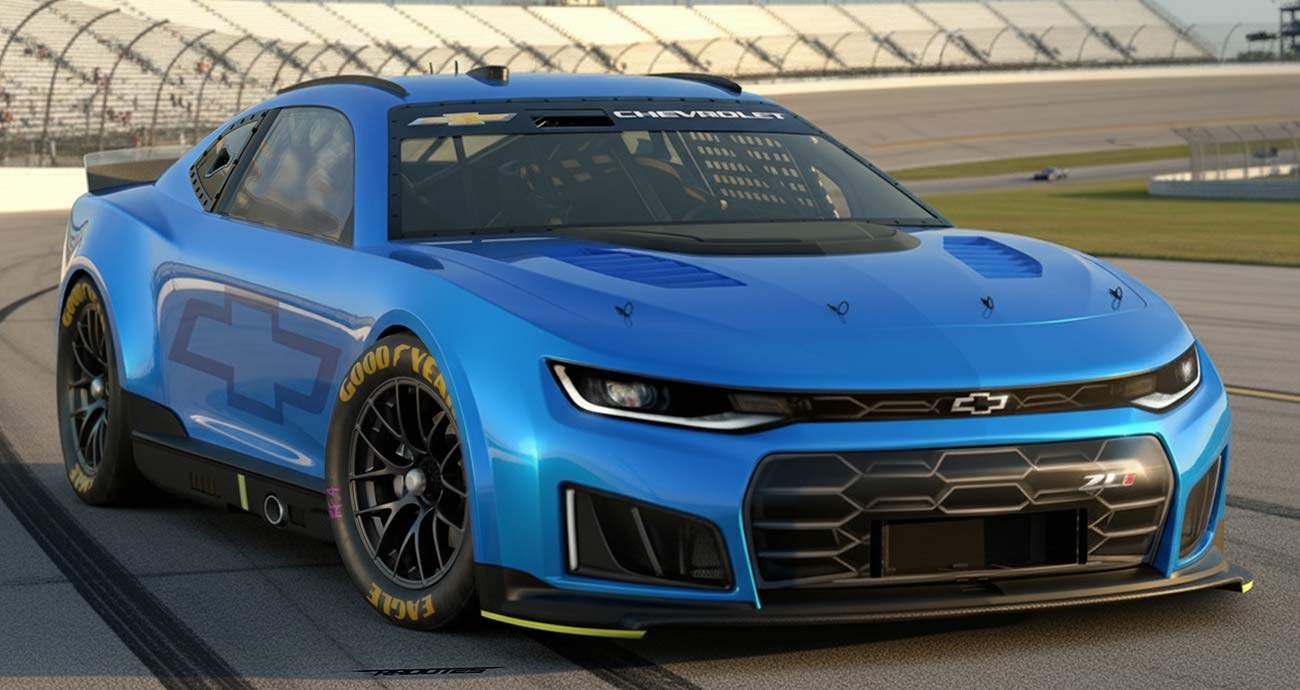 The 2026 Chevy Camaro Stock Car on a NASCAR track