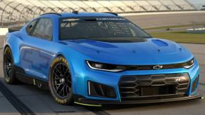 The 2026 Chevy Camaro Stock Car on a NASCAR track