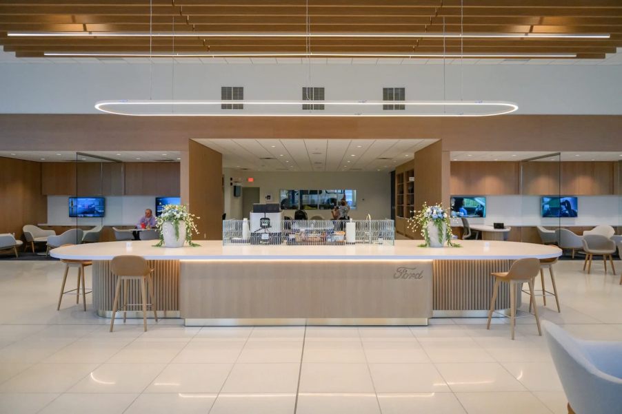 The lobby of a futuristic rethink of the Ford dealership