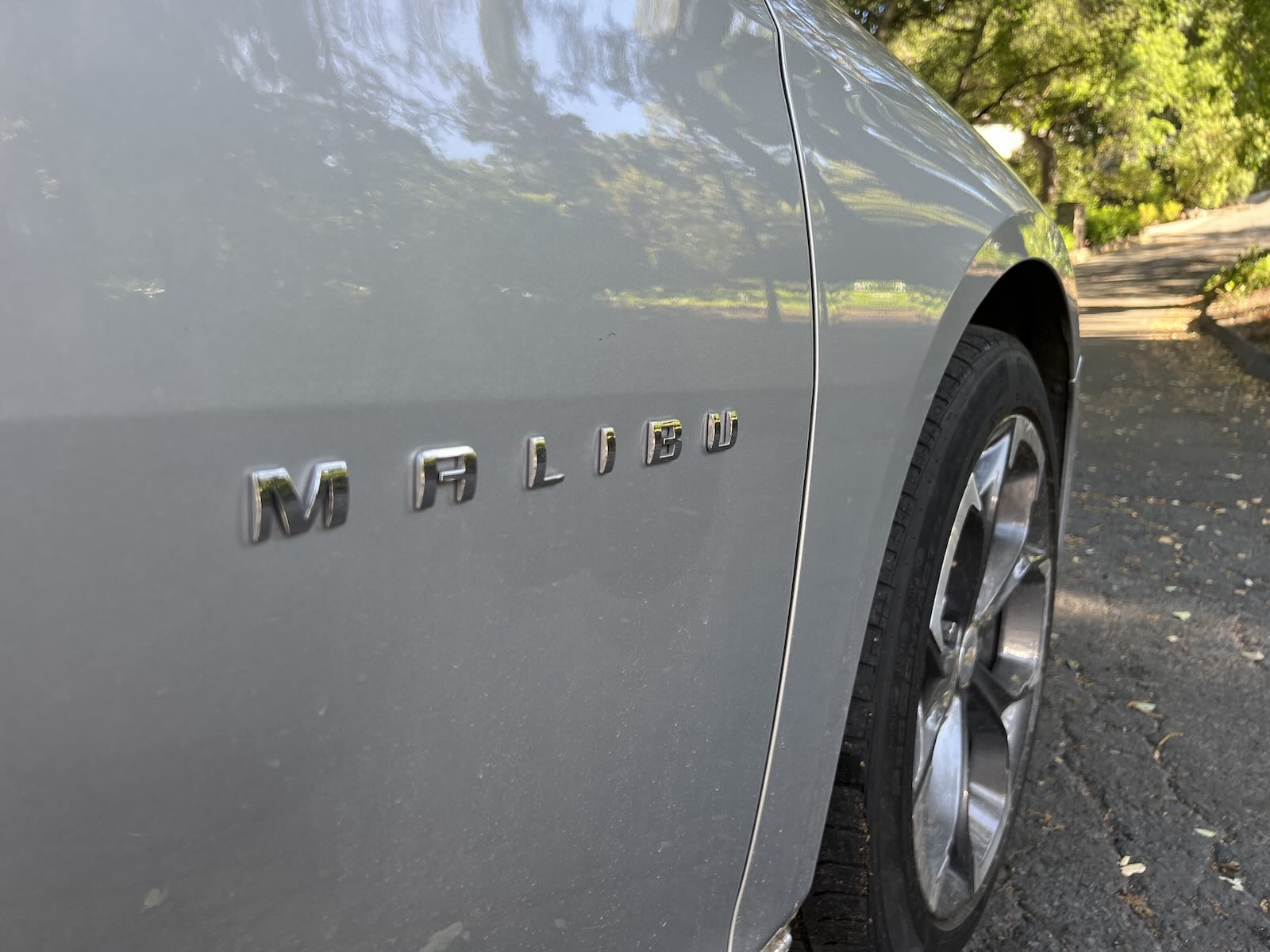 The Malibu badge on the door of a silver Chevy sedan, trees visible in the background.