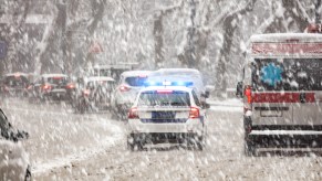 A police car in winter weather