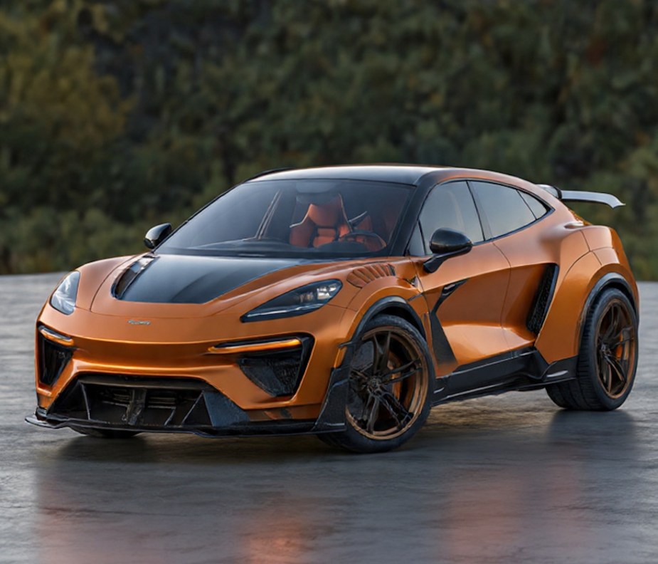 AI render of an orange McLaren P47 exotic performance SUV