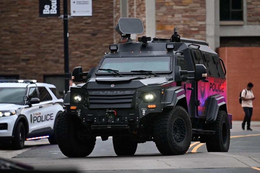 An armored SWAT vehicle on the street