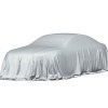 A car fully covered by a white sheet on a white background