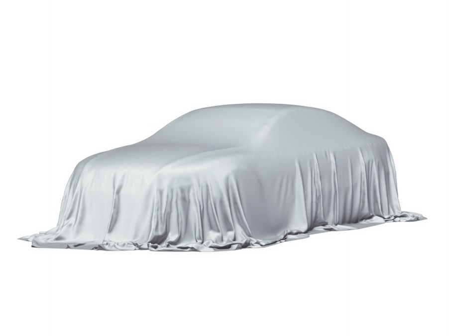 A car fully covered by a white sheet on a white background