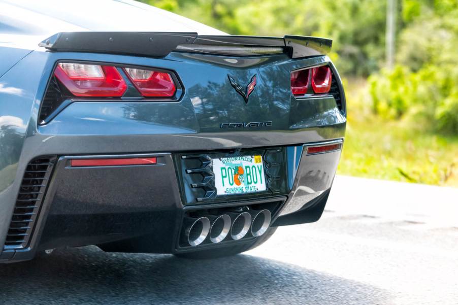 A Corvette with a Florida license plate reading "PO BOY" in close view