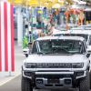 GM Hummer production line with American flag hanging from ceiling