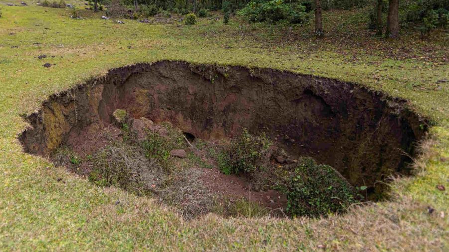 A sinkhole in a grassy yard