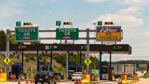 A row of toll booths, USA
