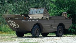 A 1942 Ford GPA amphibious vehicle on dry land in left front angle view