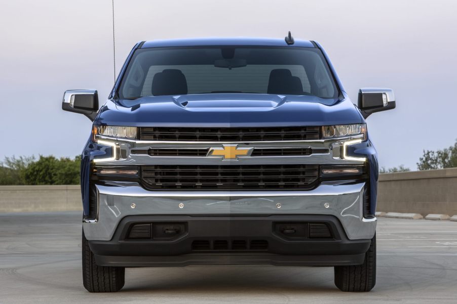 A blue 2019 Chevrolet Silverado parked in direct front view