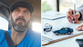 Man wearing hat and blue shirt inside of vehicle(l) Car salesman signing document(r)