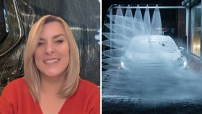 Woman shares car wash consequences (l) car going through wash (r)