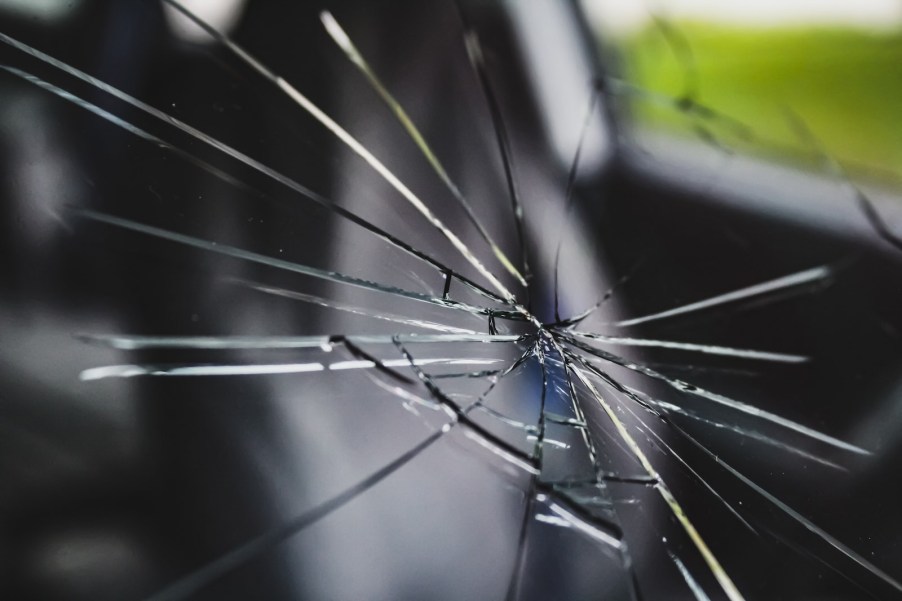 Spiderweb crack in the center of a car's windshield