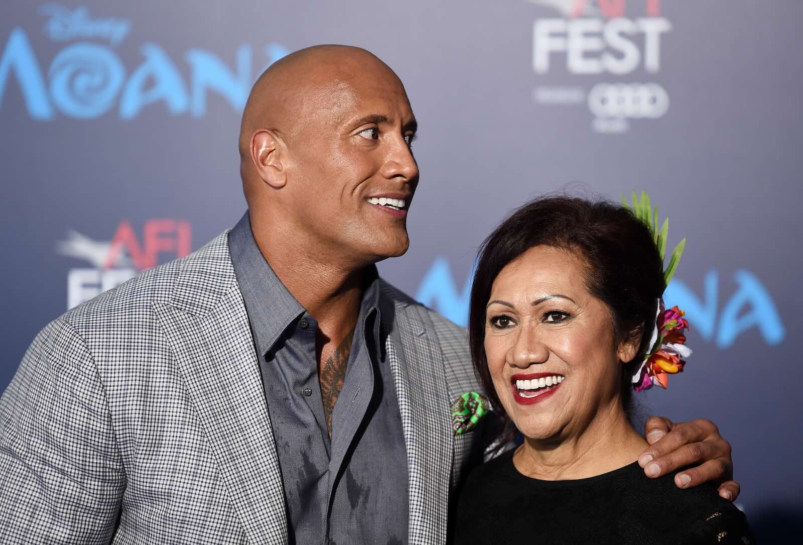 Actor Dwayne Johnson stands with his Mom, Ata, at Hollywood film premiere.