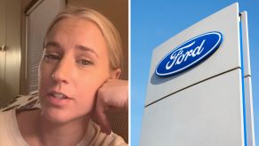 Woman shares car issue (l) ford dealership sign (r)