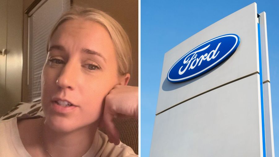Woman shares car issue (l) ford dealership sign (r)