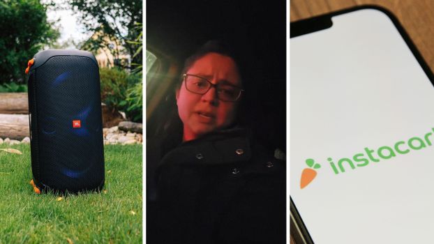 Jbl speaker (l) woman shares work experience (c) instacart app (r)