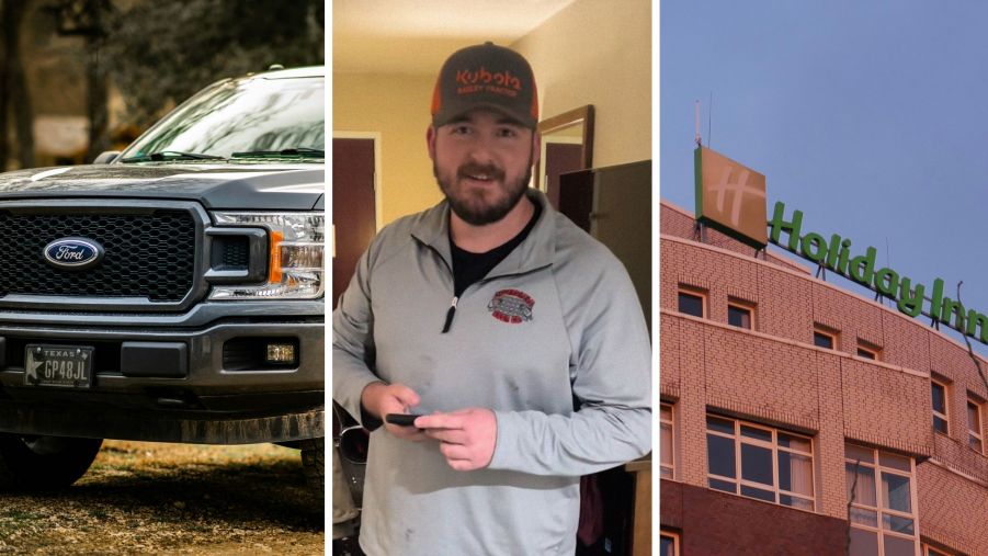 Ford F 150 (l) man shares hotel experience (c) holiday inn entrance (r)