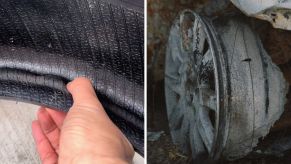Man shares car tire tips (l) broken car rims (r)