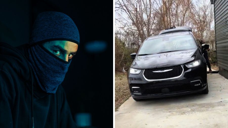 Robber committing crime (l) thief driving a Chrysler Pacifica (r)