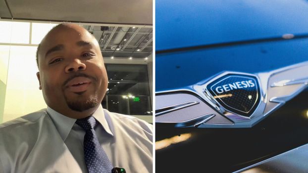 Man shares story of how a scammer got away with a car (l) genesis vehicle logo (r)
