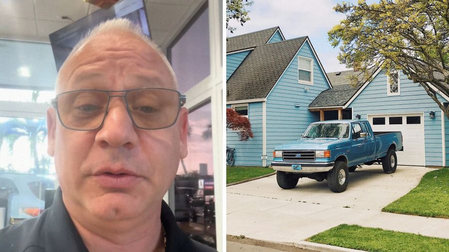 Salesman shares trade in experience (l) truck in driveway (r)