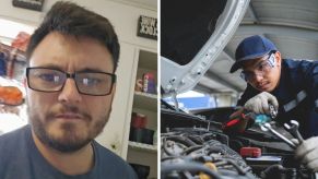 Man shares work experience of the day (l) man checking car heater (r)
