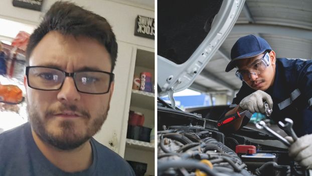 Man shares work experience of the day (l) man checking car heater (r)